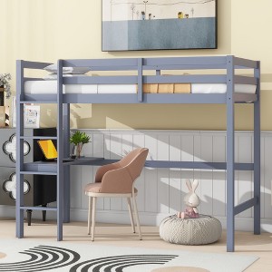 Twin High Loft Bed with Built-in Desk - Solid Rubber Wood Study Bed, Safety Guardrail & Sturdy Ladder - Bedroom Furniture,Gray - 1 of 4