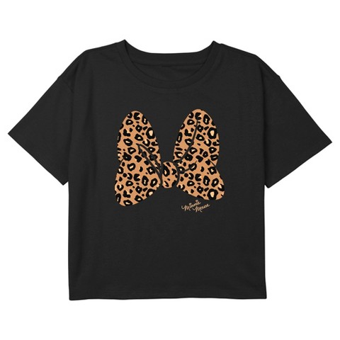 Mickey Mouse & Friends Girls' Mickey & Friends Leopard Animal Print Minnie Mouse Bow Crop T-Shirt - Black - Medium