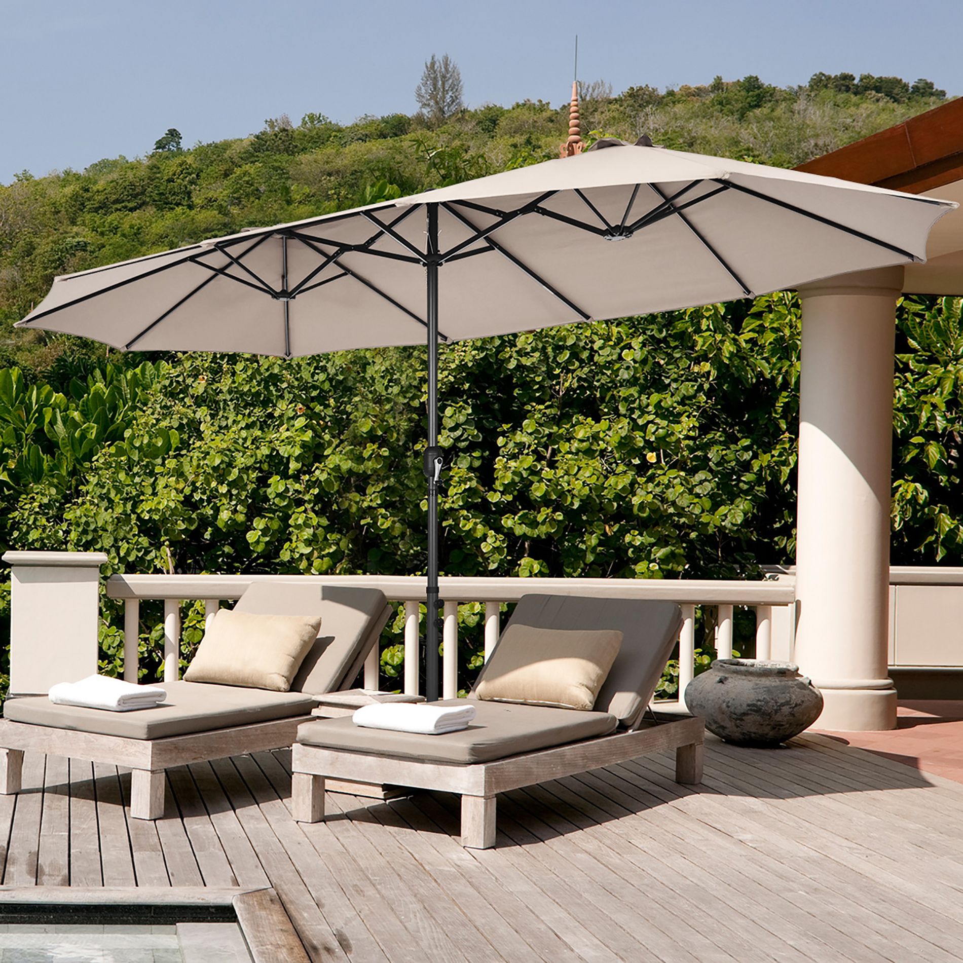 Costway 15FT Double-Sided Twin Patio Umbrella Sun Shade Outdoor Crank Market Base Beige/Coffee/Grey/Orange/Navy/Turquoise/Wine