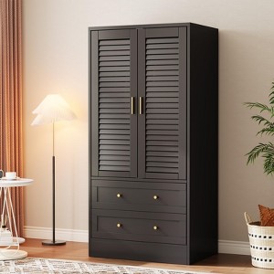 65 Inch Wardrobe Armoire Closet with 2 Shutter Doors, 2 Drawers, Hanging Rod, Large Capacity Storage, Freestanding Wooden Closet Cabinet - 1 of 4