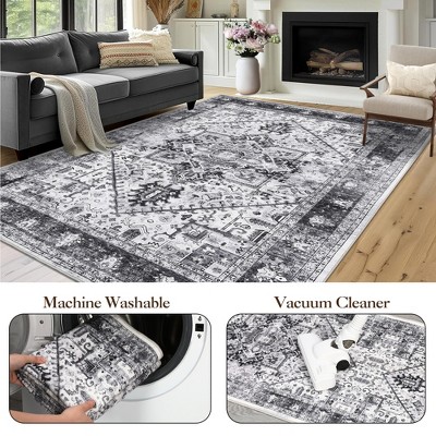 Washable Area Rug Vintage Distressed Rug,Thin Floor Carpet, Foldable Stain Resistant Rug, Faux Wool Rug for Kitchen, Bedroom, Living Room