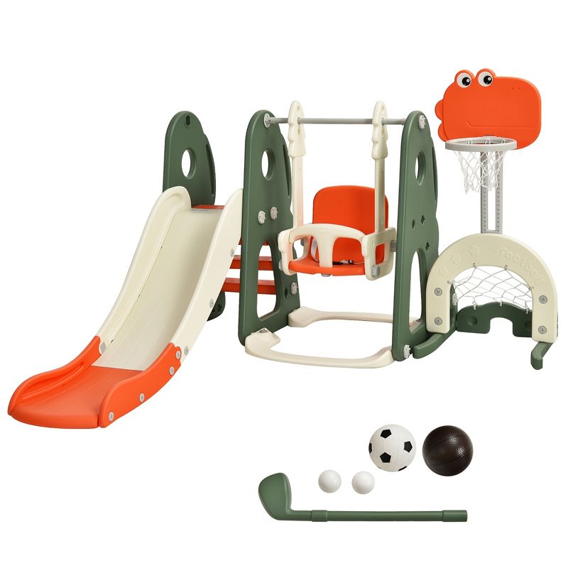 Costway 6 in 1 Toddler Slide and Swing Set Climber Playset w/ Ball Games White\Orange, 1 of 11