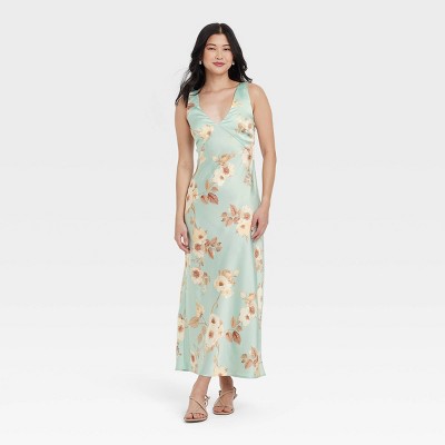 Women's Satin Slip Maxi Dress - A New Day™ Mint Floral S