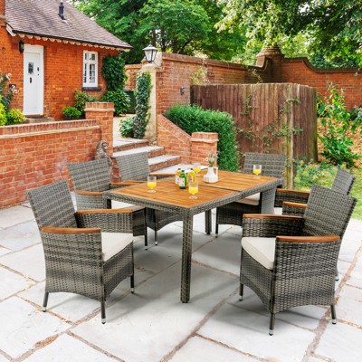 Gray and Beige 6-Person Rattan Dining Set with Acacia Wood Table