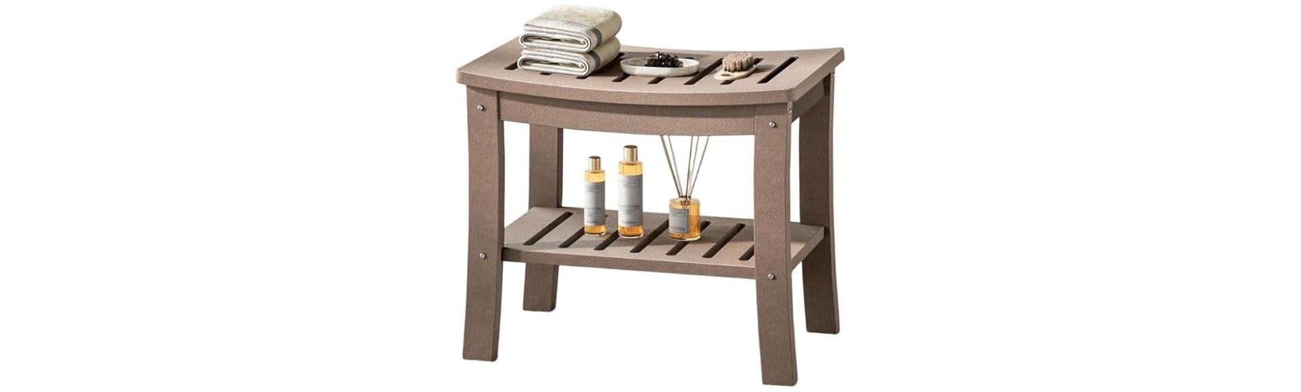 Acekool HDPE Shower Bench Waterproof 2-Tier Storage Ergonomic Curved Seat 400 lbs for Bathroom Brown