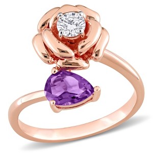 EVERLY JEWELRY | Rose Silver 1 ct TGW Pear African Amethyst and White Topaz 2-Stone Rose Ring - 1 of 4
