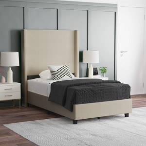 Emma and Oliver upholstered Platform Bed with Plush Padded Wingback Headboard and Wood Support Slats - No Box Spring Needed - 1 of 4