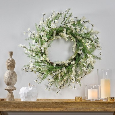 30" Artificial Spring Wreath for Front Door, Farmhouse Plum Blossom Wreath, Greenery Flower Wreath for Festival Wedding Wall Decor