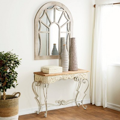 French Provincial White Metal Scroll Console Table with Fir Wood Top