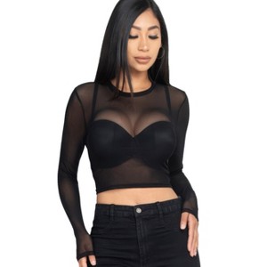 Slickblue Women's Sheer Mesh Long Sleeve Crop Top, Fitted See-Through Layering Shirt, Black/Fuchsia/Olive, Size S-L - 1 of 4
