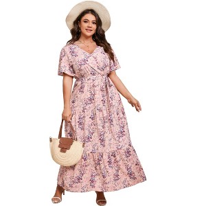 Whizmax V Neck Wrap Maxi Dress for Plus Size Women High Waist Ruffle Summer Casual Floral Dress with Belt - 1 of 4