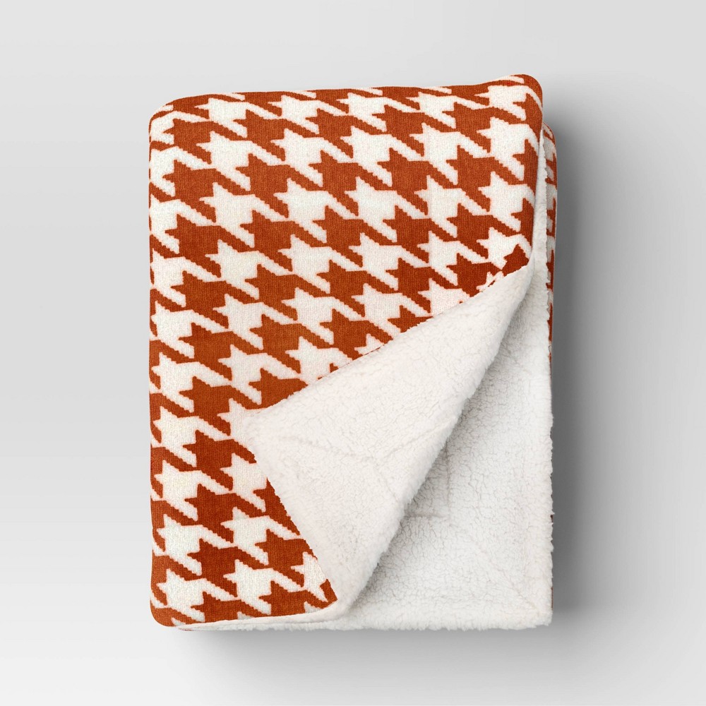 Photos - Duvet Printed Plush Houndstooth Throw with Faux Shearling Reverse Soft Orange/Cr