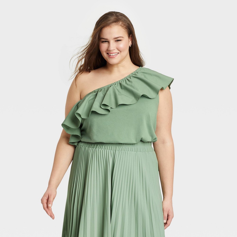 Women's Plus Size One Shoulder Ruffle Top - A New Day Olive Green 4X