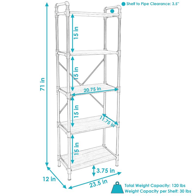 Sunnydaze 5 Shelf Industrial Style Pipe Frame Freestanding Bookshelf with Wood Veneer Shelves, 3 of 10