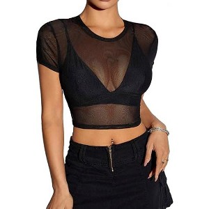 Avidlove Mesh Crop Top for Women Short Sleeve Bodycon Tees Y2k See Through Blouse O Neck Clubwear - 1 of 3