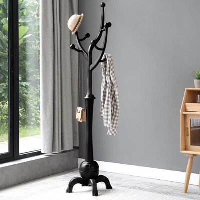 Bekrvio Coat Rack Freestanding Wood Tree Rack with 8 Hooks, Black