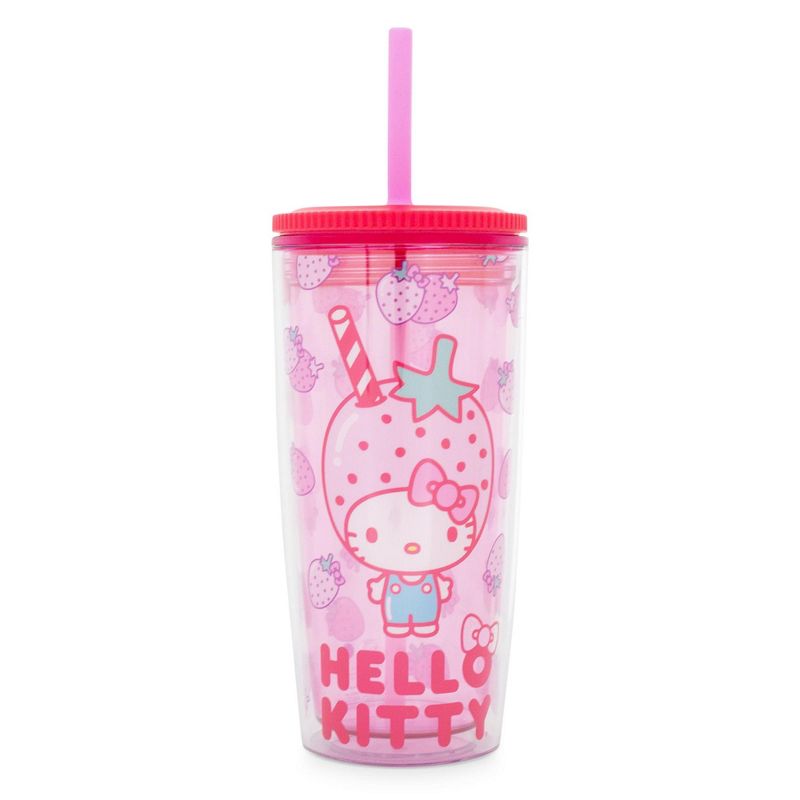 Silver Buffalo Sanrio Hello Kitty Strawberries Plastic Tumbler With Lid and Straw | 20 Ounces, 1 of 7