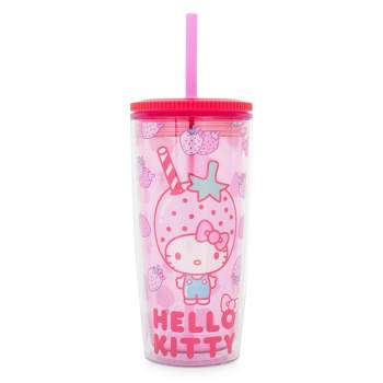 Silver Buffalo Sanrio Hello Kitty Strawberries Plastic Tumbler With Lid and Straw | 20 Ounces