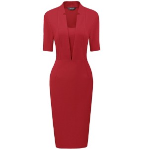 Allegra K Women's V Neck Short Sleeve Work Office Bodycon Midi Sheath Dress - 1 of 4