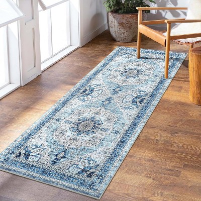 Washable Vintage Distressed Area Rug,Oriental Medallion Accent Carpet,Ultra-Soft Low Pile Non-Slip Floor Mat for Living Room Bedroom Office