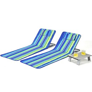 Gymax 3 PC Beach Mat Set w/ 2 Lounge Chairs & Side Table Adjustable Chaise Lounge Beach & Lawn Chairs Portable Folding Recline Chair Blue/Stripe/Green - 1 of 4