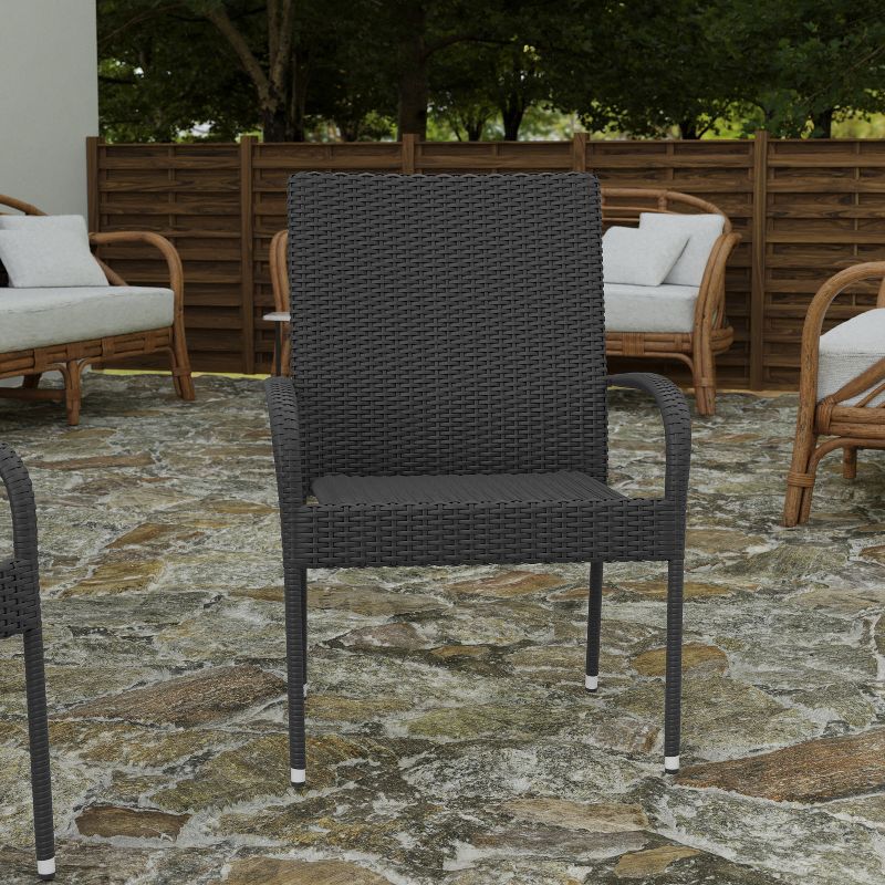Merrick Lane Set of Indoor/Outdoor Black Wicker Patio Chairs with Powder Coated Steel Frame, Comfortably Curved Back and Arms, 4 of 11