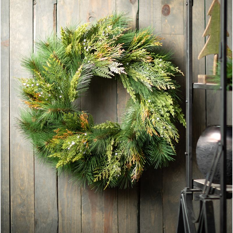Artificial Mixed Pine & Juniper Wreath Green 24"H, 3 of 5