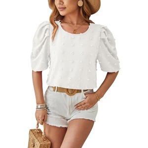 Coolmee Women's Puff Short Sleeve Casual Tops Fashion Polka Dot Crew Neck Blouses Dressy Ladies Summer Tops - 1 of 4