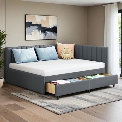 Modern Full Size Linen Upholstered Daybed with 2 Storage Drawers,Sofa Bed with Backrest and Armrests - Leovsnove