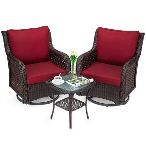 3-Piece Patio Wicker Swivel Rocking Chair Set - Iron and Plastic Frame, Durable Fabric Cushions, with Side Coffee Table, for Outside Porch Deck - 1 of 4