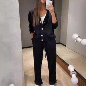 Women's Sets Button-Up Cardigan and Drawstring Wide - Leg Pants Set - 1 of 3