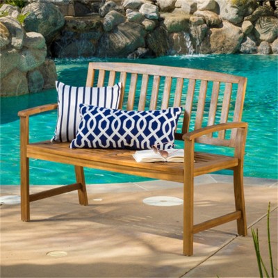 SKRAN Outdoor Acacia Wood Bench, 2-Person Slatted Patio Farmhouse Wooden Stool for Use in Yard, Garden, Porch, or Park