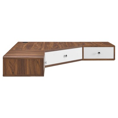 Modway Transmit 47" Corner Desk – Mid-Century Wall-Mount Office Desk with Walnut Finish and Storage Shelf