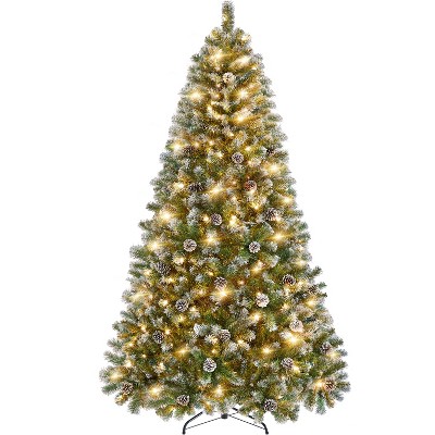 Yaheetech 4.5Ft/6Ft/7.5Ft Pre-lit Frosted Artificial Christmas Tree with Pinecones