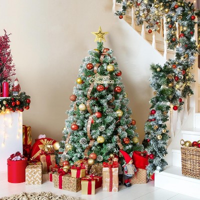6Ft Pre-Decorated Holiday Christmas Tree with Pine Cones/2028 PVC Branches, Flocked Christmas Tree with Metal Hinges/Base for Home, Office