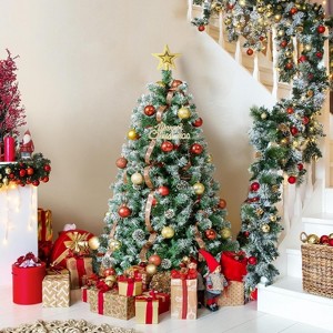 6Ft Pre-Decorated Holiday Christmas Tree with Pine Cones/2028 PVC Branches, Flocked Christmas Tree with Metal Hinges/Base for Home, Office - 1 of 4