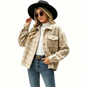 Women's Plaid Textured Shacket Jacket, Button Down Collared Chest