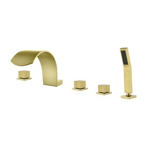 Cobbe Bathroom Tub Faucet Set with 2 Switches, 1 Diverter Knob, 3.74-Inch Wide Waterfall Spout and Hand Shower 5-Hole InstallationBrushed Gold - 1 of 4