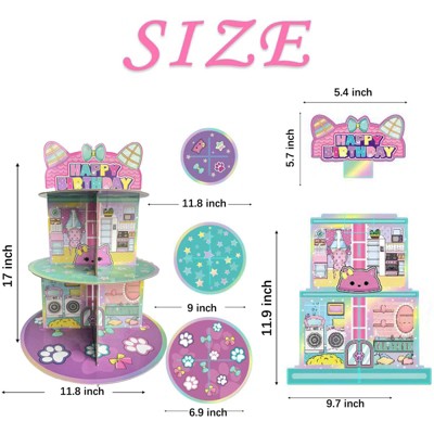 Etokfoks 3 Tier Cartoon Cat Dollhouse Cupcake Stand Pink Cardboard Dessert Tower Holds 24 Cupcakes Kids Birthday Party 17 Inch 1 Set — фото 3