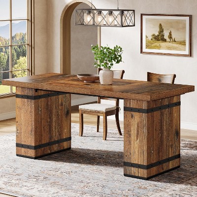 Tribesigns 63" Dining Table for 4-6, Farmhouse Reclaimed Wood Kitchen Table with Heavy Pedestal Base for Dining Room Home Office