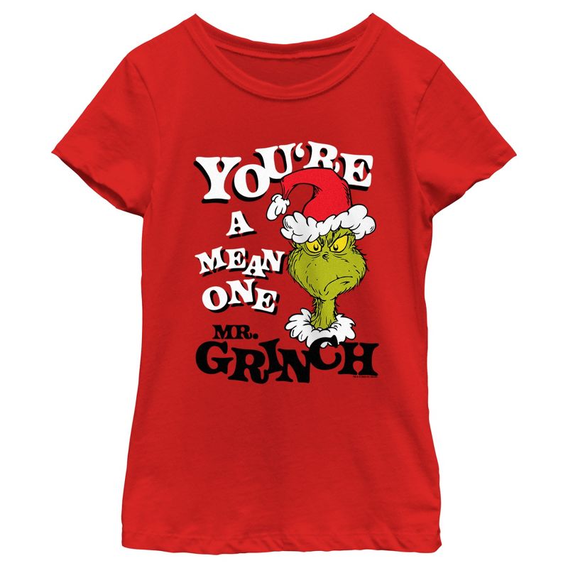 Girl's Dr. Seuss Christmas The Grinch You're a Mean One Portrait T-Shirt, 1 of 6