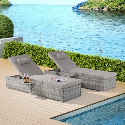 Set Of 2 Outdoor PE Rattan Chaise Lounge with Cushions,Beach Recliner with Adjustable Backrest,Armrests Patio Lounge Chair-Coolbibila