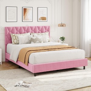 Platform Bed Frame with Upholstered Headboard, Wood Slats, Velvet Upholstered Mattress Foundation, No Box Spring Needed, Noise Free - 1 of 4