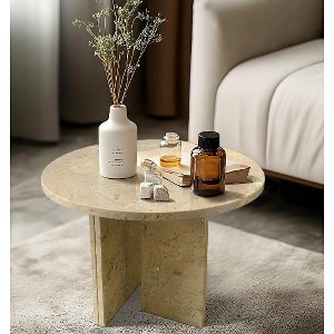 Lyngins Genuine Marble Round End Table, Natural Marble Small Coffee Table, Stone Side Table for Living Room, Nightstand with Semi-Polished Surface - 1 of 4