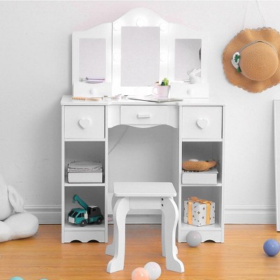 Garvee Kids Vanity, Princess Makeup Desk Dressing Table with Tri-fold Mirror & Storage Shelves(White)