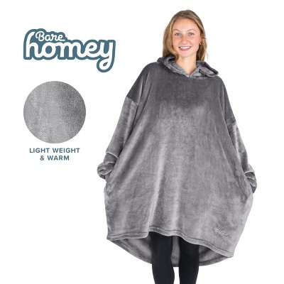 Adult Grey Microplush Hooded Wearable Blanket with Sleeves