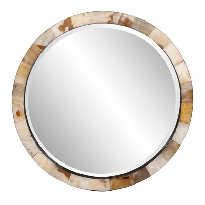 Howard Elliott 24" Godfrey Round Beveled Wall Mirror White and Tan Tiled Horn Frame
