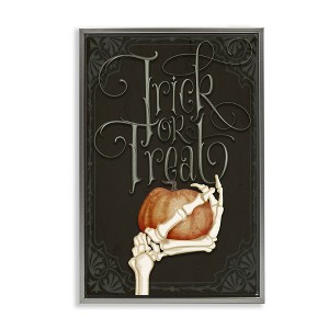 Stupell Industries Trick Or Treat Skeleton Hand Floating Frame Canvas Art, Gray, 21" x 31" - 1 of 4