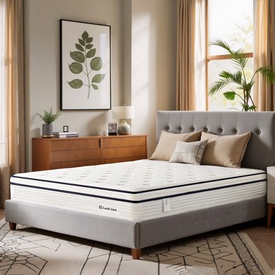 Luck Live 12 inch boxed Queen mattress, medium firmness support, pressure relief, and CertiPUR-US certified.
