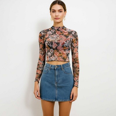Women's Floral Mesh Long Sleeve Crop Top – Sheer Stretchy Slim Fit Turtleneck Pullover for Layering Cherie Code